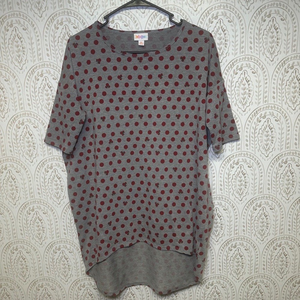 LuLaRoe Grey Burgundy Polka Dot Mickey Mouse Print Casual Tee Shirt Womens XS